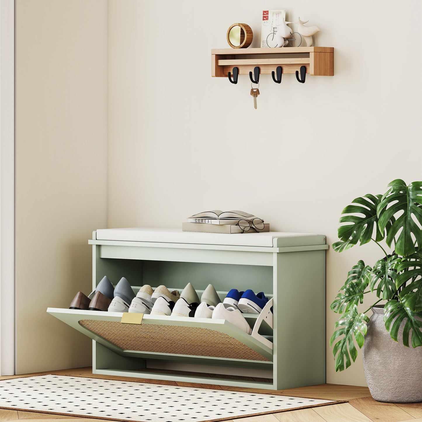 Boho Shoe Bench with Padded Seat and Flip-Drawer, Light Green