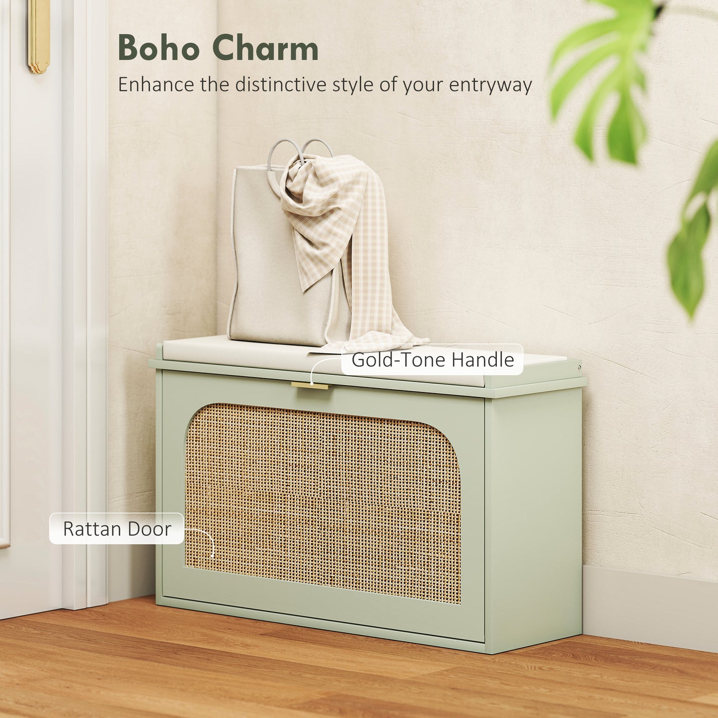 Boho Shoe Bench with Padded Seat and Flip-Drawer, Light Green