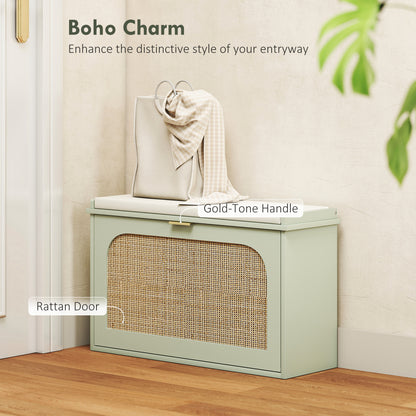 Boho Shoe Bench with Padded Seat and Flip-Drawer, Light Green