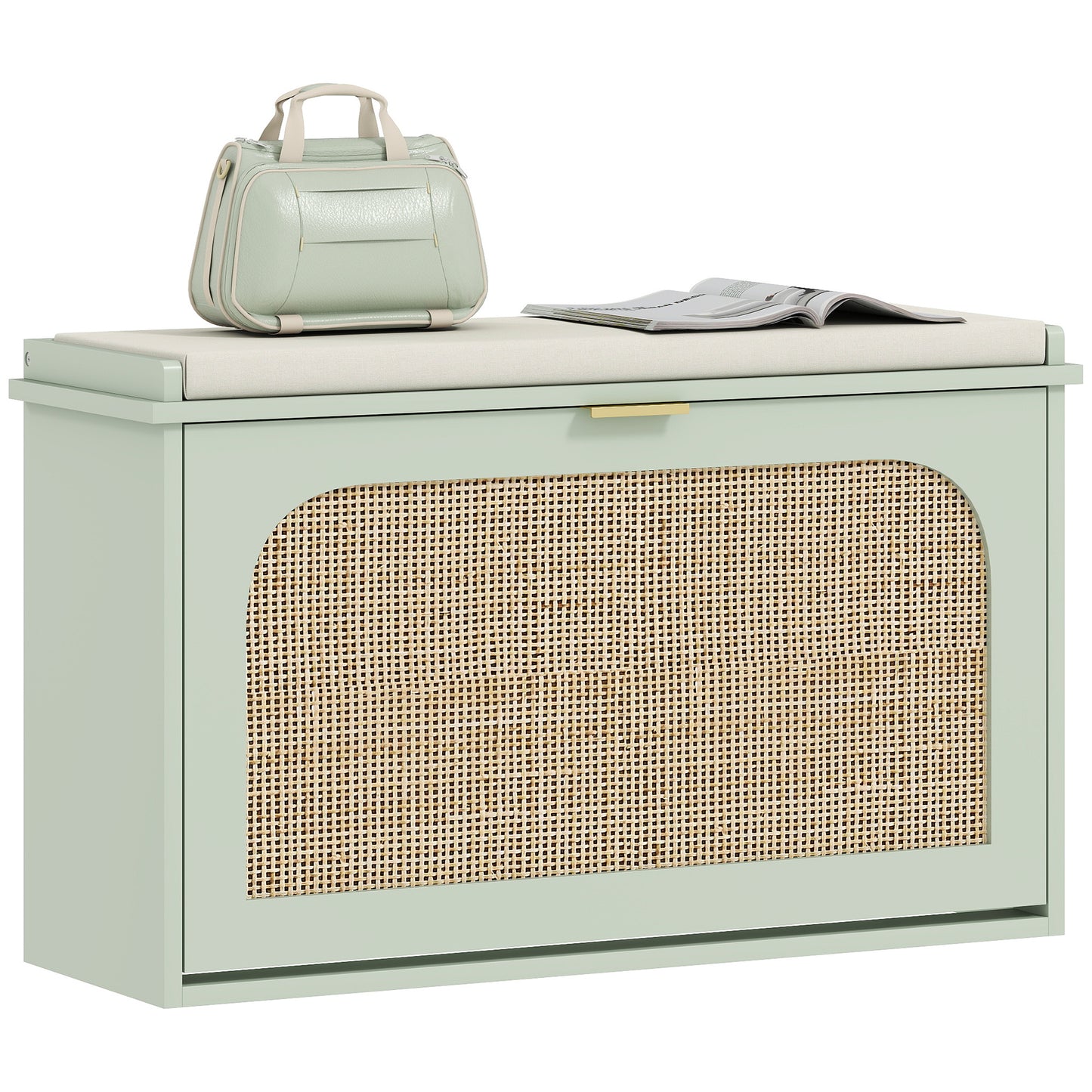 Boho Shoe Bench with Padded Seat and Flip-Drawer, Light Green