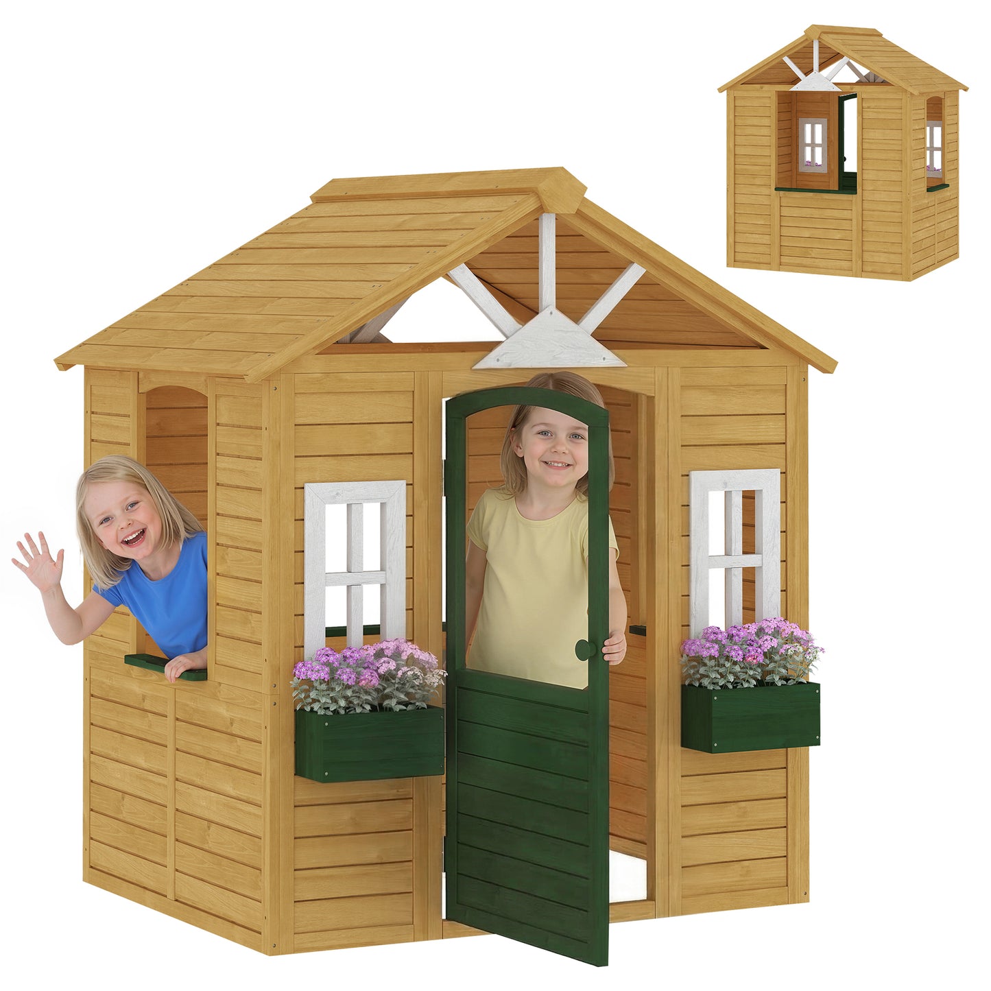 Outdoor Playhouse, Wooden Wendy House with Door, 2 Flower Boxes