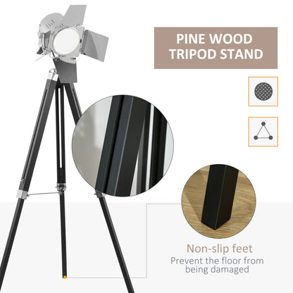 Industrial Tripod Floor Lamp, Nautical Cinema Standing Spotwith Wood Legs and Adjustable Height for Living, Bedroom, Black and Silver