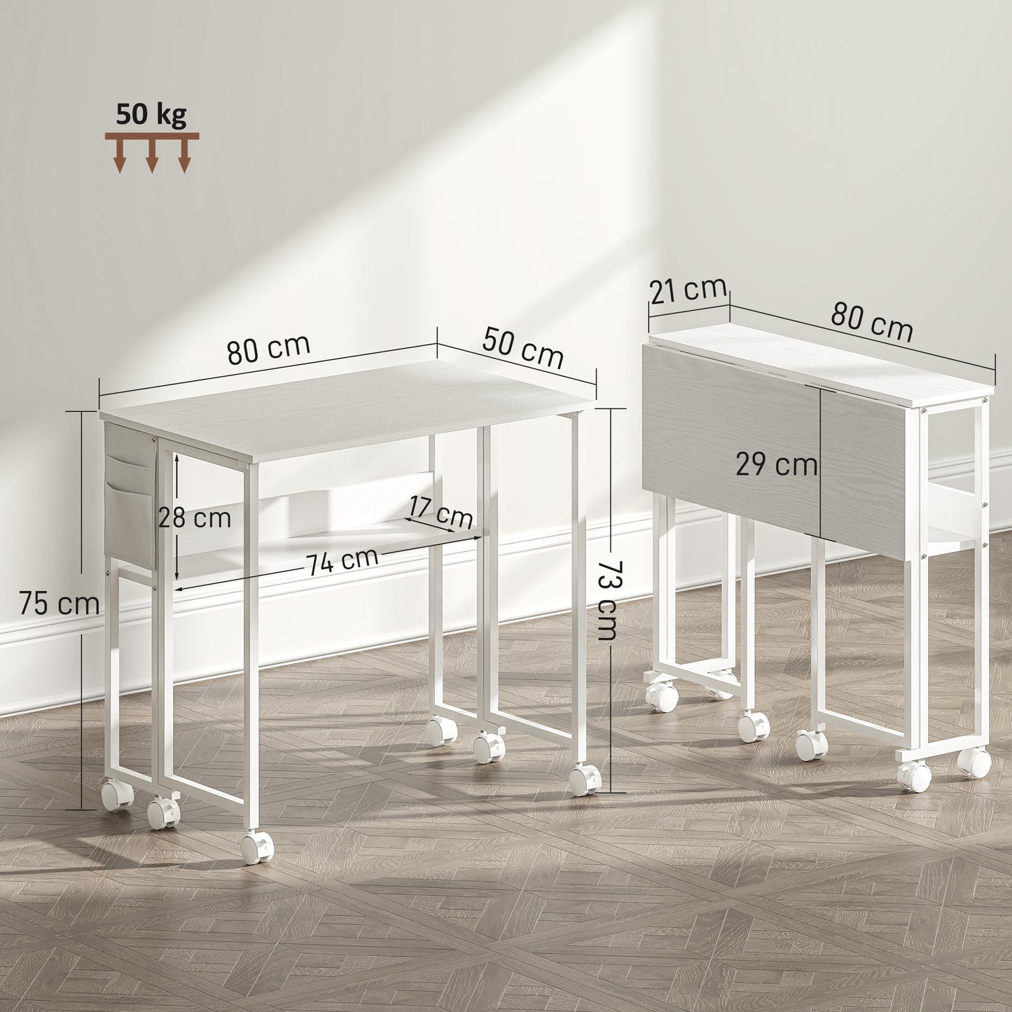 80 cm Foldable Computer Desk on Wheels for Small Spaces White