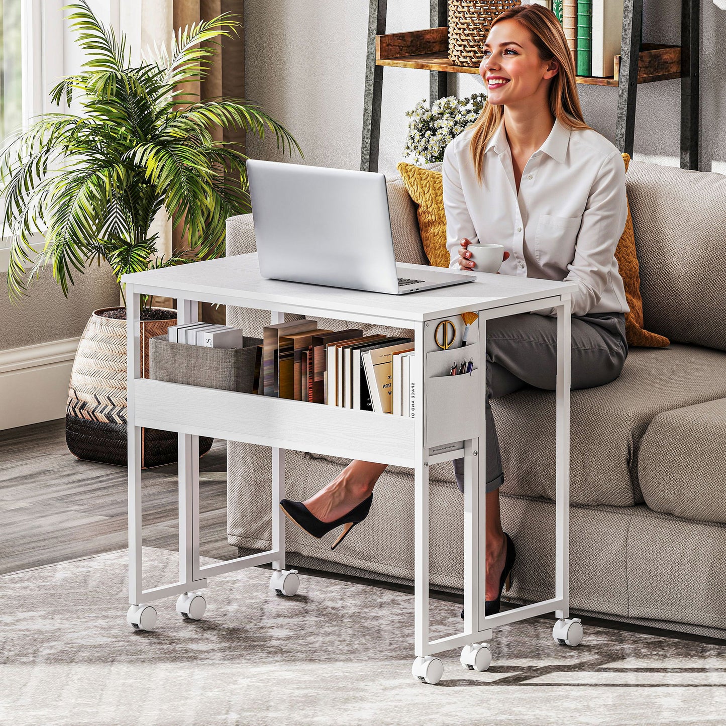 80 cm Foldable Computer Desk on Wheels for Small Spaces White