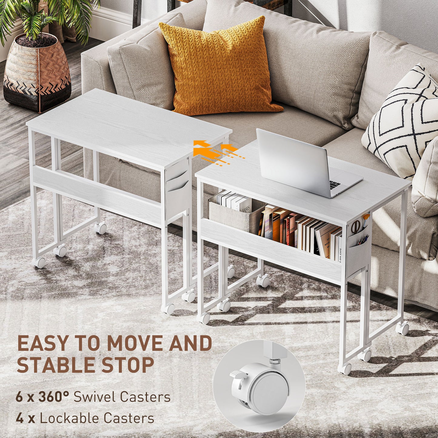 80 cm Foldable Computer Desk on Wheels for Small Spaces White