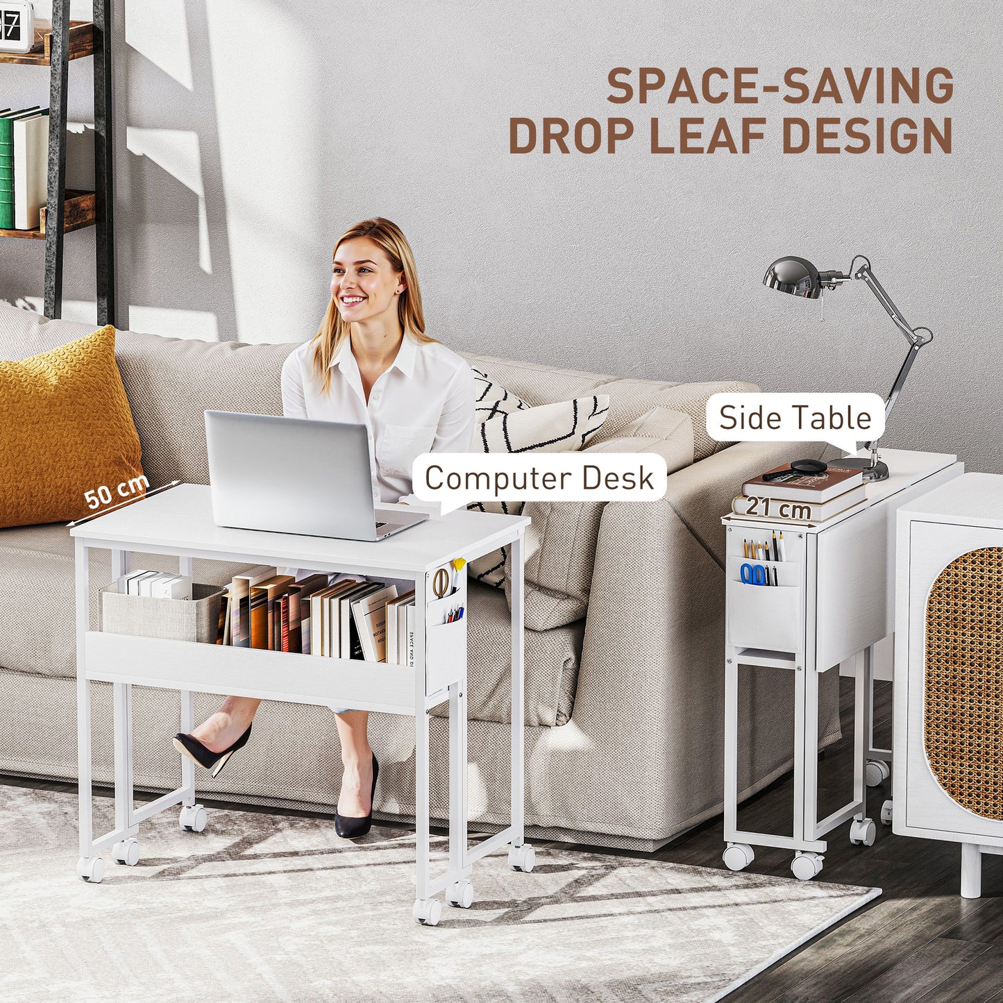 80 cm Foldable Computer Desk on Wheels for Small Spaces White