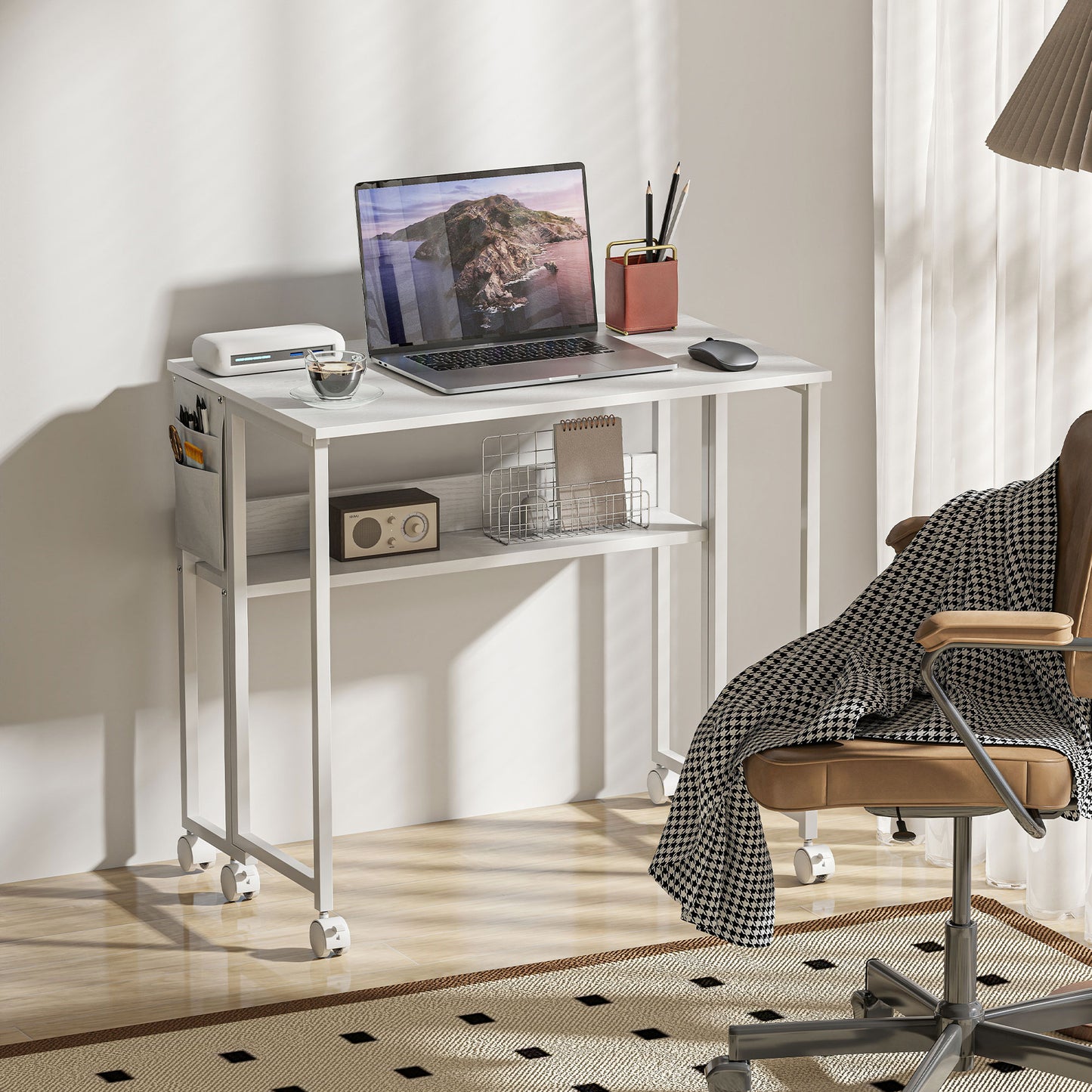 80 cm Foldable Computer Desk on Wheels for Small Spaces White