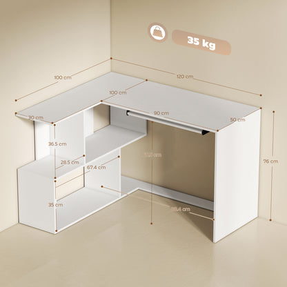L-Shaped Corner Desk with Keyboard Tray, Computer Desk for Home Office with 4 Open Shelves, Space-Saving Study Workstation, 120 x 100 x 76 cm, White Wood Effect