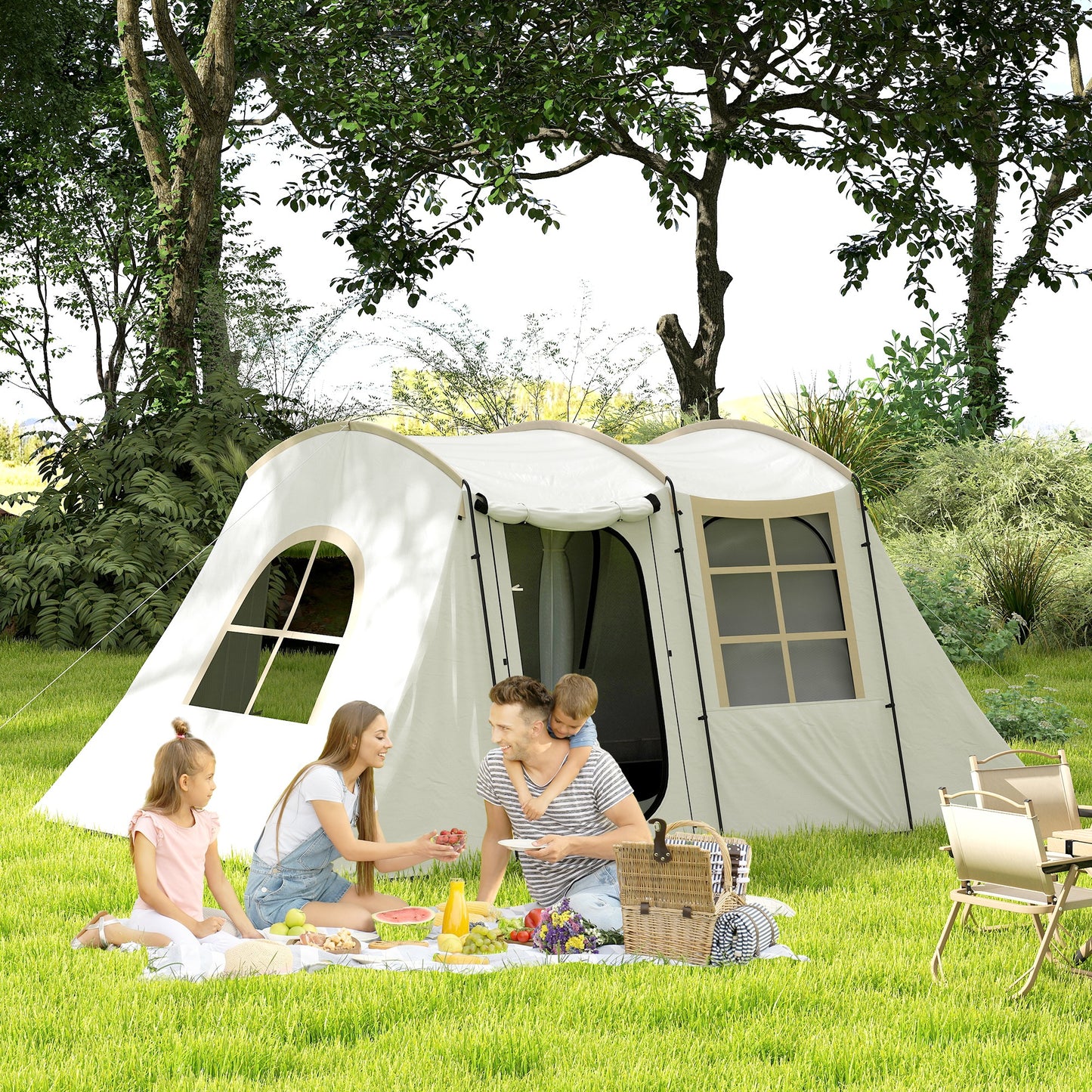 3-4 Man Tunnel Tent with Sewn in Floor, 3000mm Waterproof, Khaki