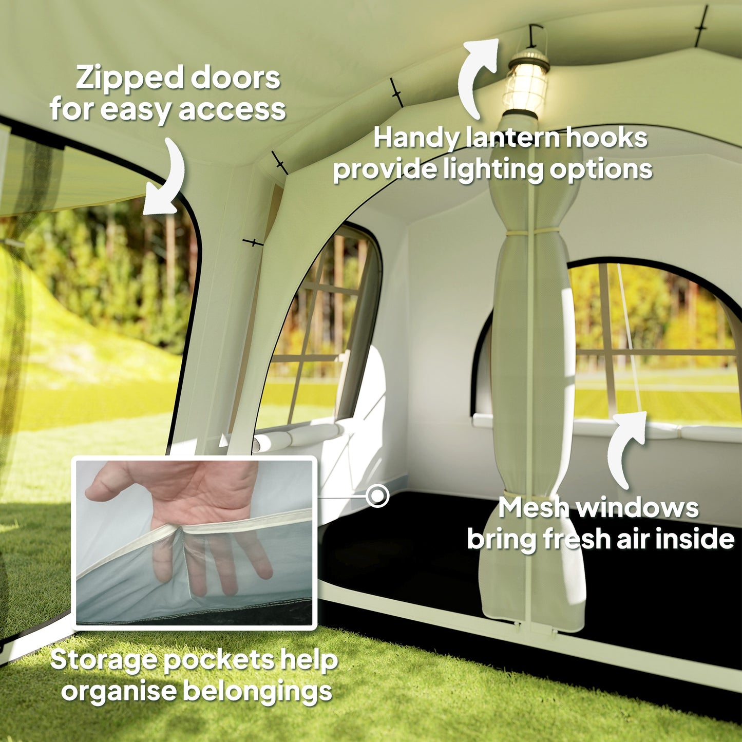 3-4 Man Tunnel Tent with Sewn in Floor, 3000mm Waterproof, Khaki