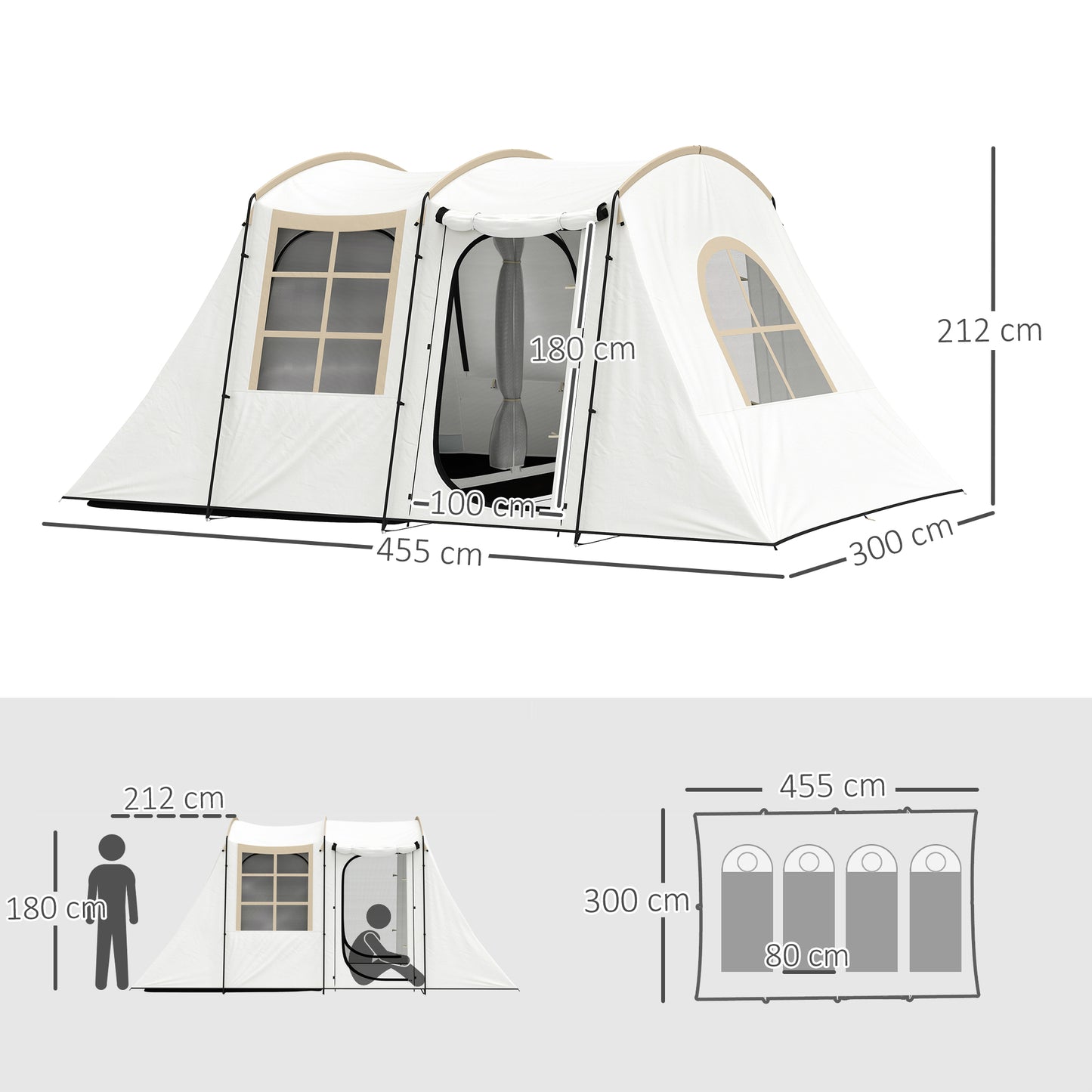 3-4 Man Tunnel Tent with Sewn in Floor, 3000mm Waterproof, Khaki