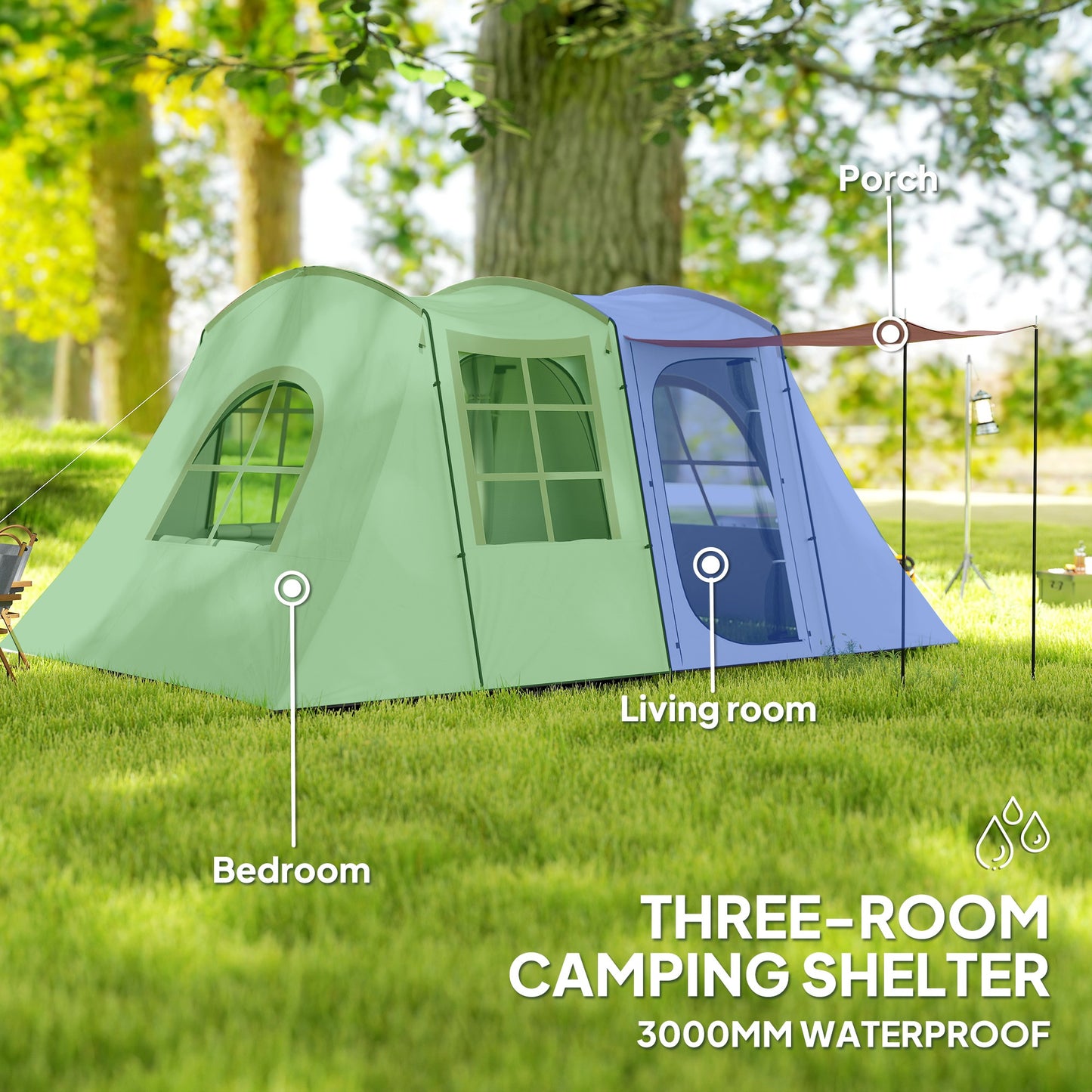 3-4 Man Tunnel Tent with Sewn in Floor, 3000mm Waterproof, Khaki