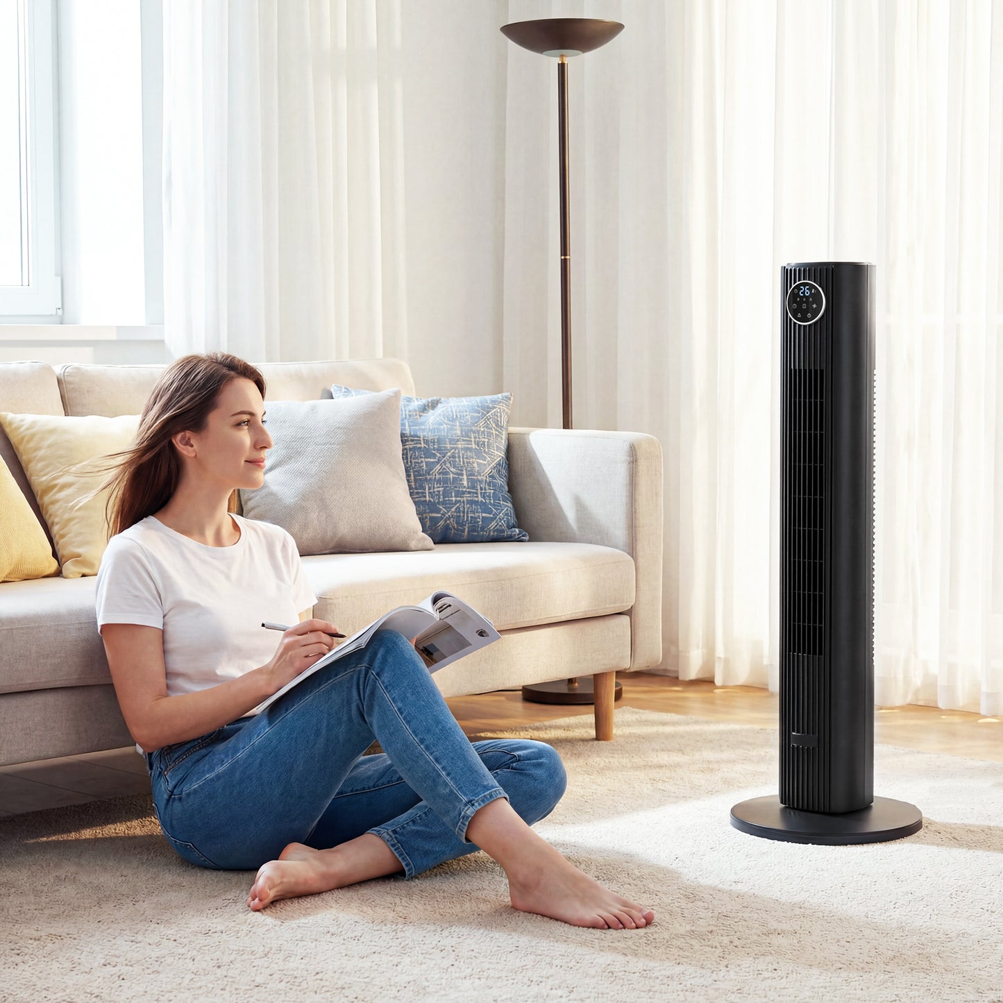 28dB Tower Fan for Bedroom, 26 ft/s Velocity Standing Fan, Black