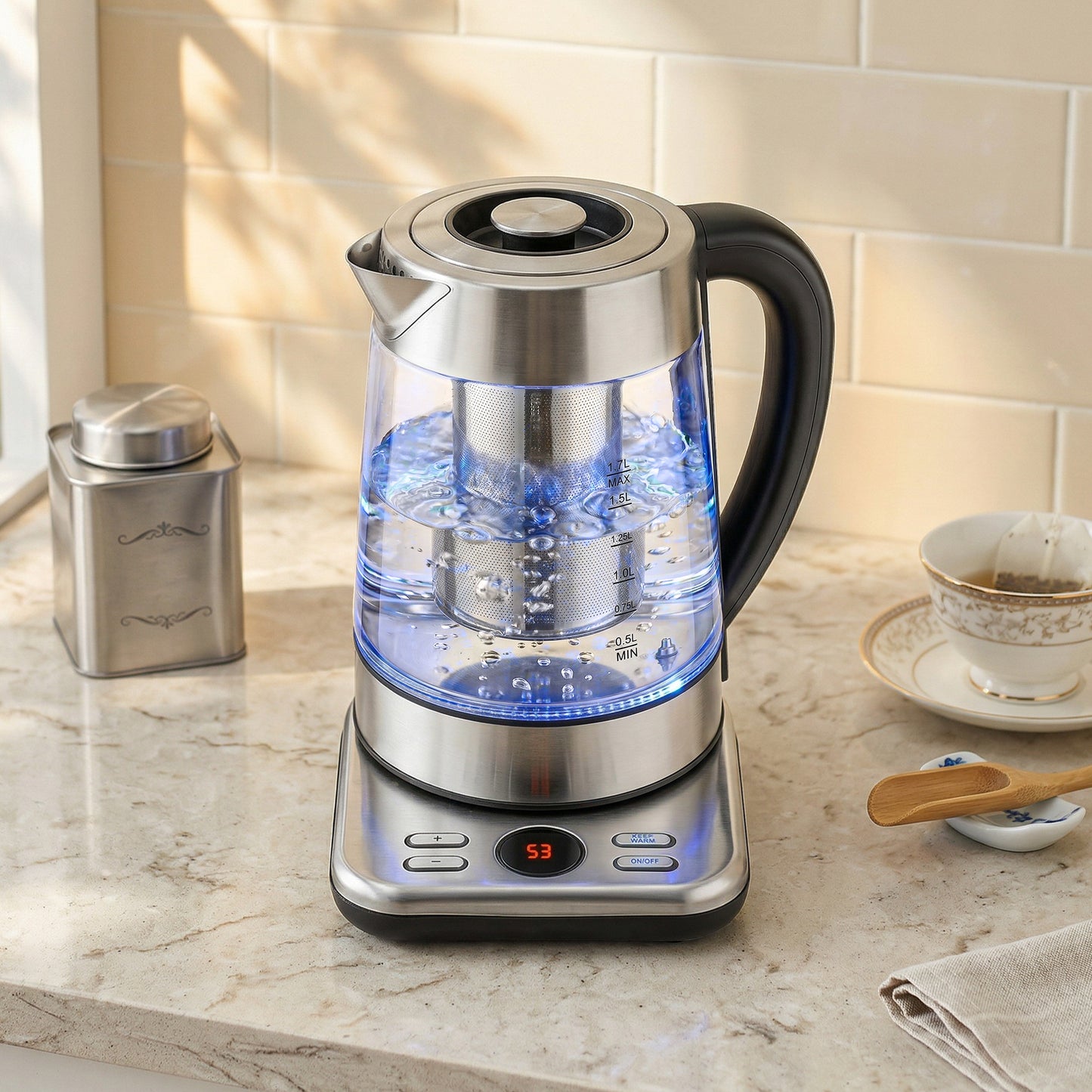 Electric Kettle, 1.7L Fast Boil 3KW Water Kettle with UK Strix Thermostat, Tea Infuser, Keep Warm Function, Auto Shut-off and Boil-Dry Protection, Silver Tone