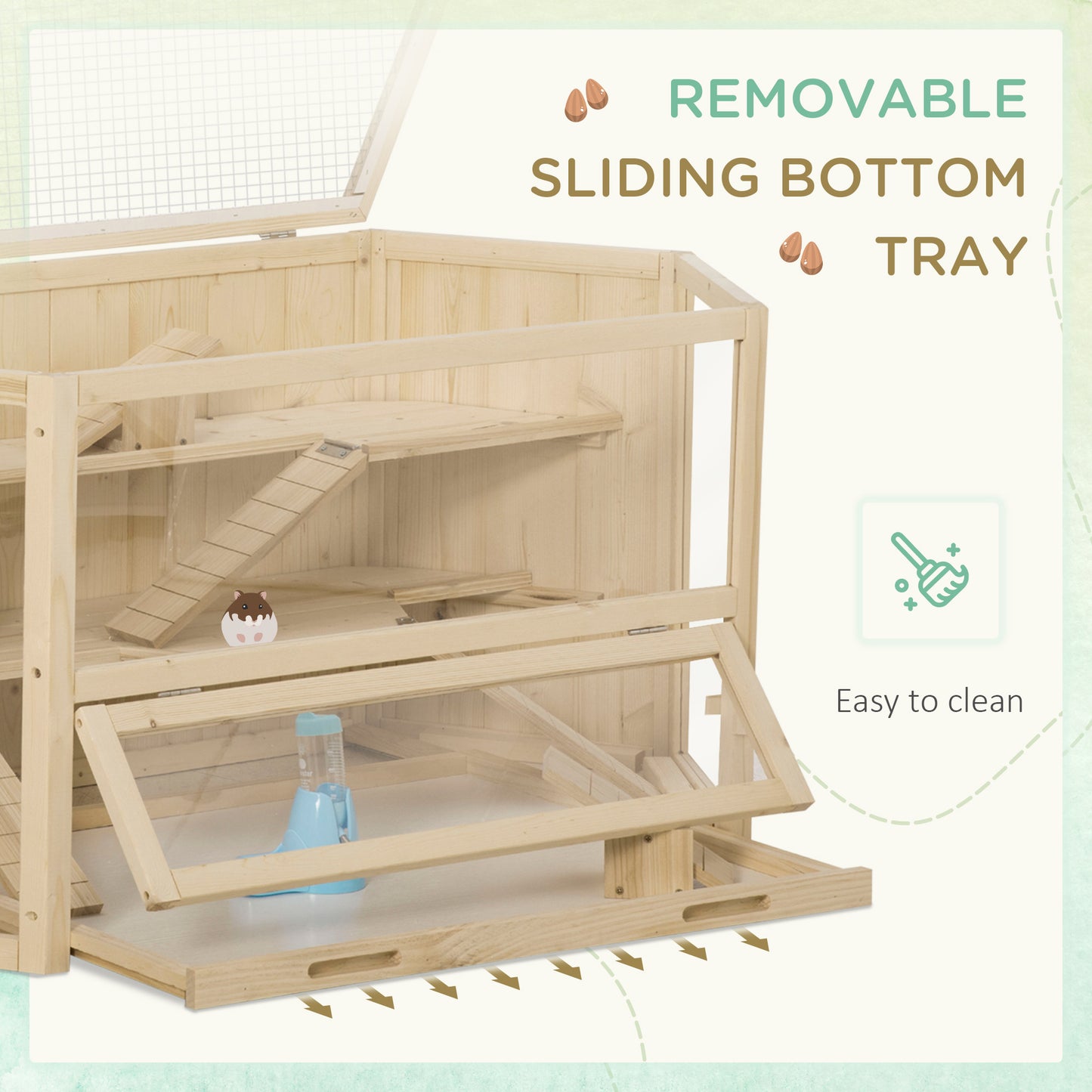 Wooden Large Hamster Cage Small Animal Exercise Play House 3 Tier with Sliding Tray, Seesaws, Water Bottle, Natural