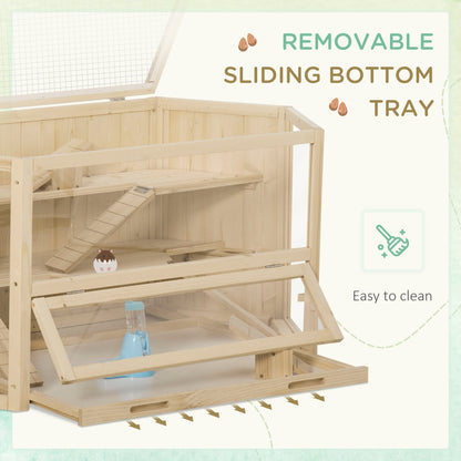 Wooden Large Hamster Cage Small Animal Exercise Play House 3 Tier with Sliding Tray, Seesaws, Water Bottle, Natural