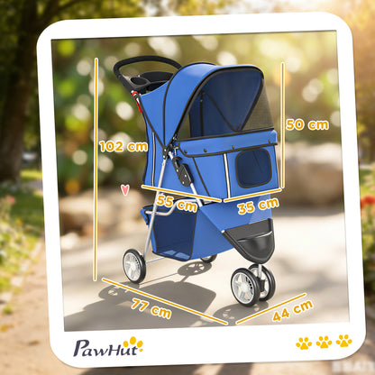 Pet Stroller Pushchair Carrier for Cat Puppy with 3 Wheels Blue