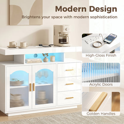 High Gloss Sideboard with LED Lights, Built-in Power Outlets, Modern Storage Cabinet with 3 Drawers, Shelves and 2 Acrylic Doors, Soft-Close TV Stand Unit for 72-Inch TVs, Living Room, White