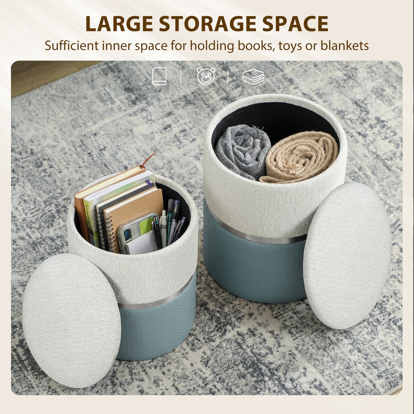 Round Storage Ottoman Set of 2, Nesting Footrest Stool, Cream & Grey