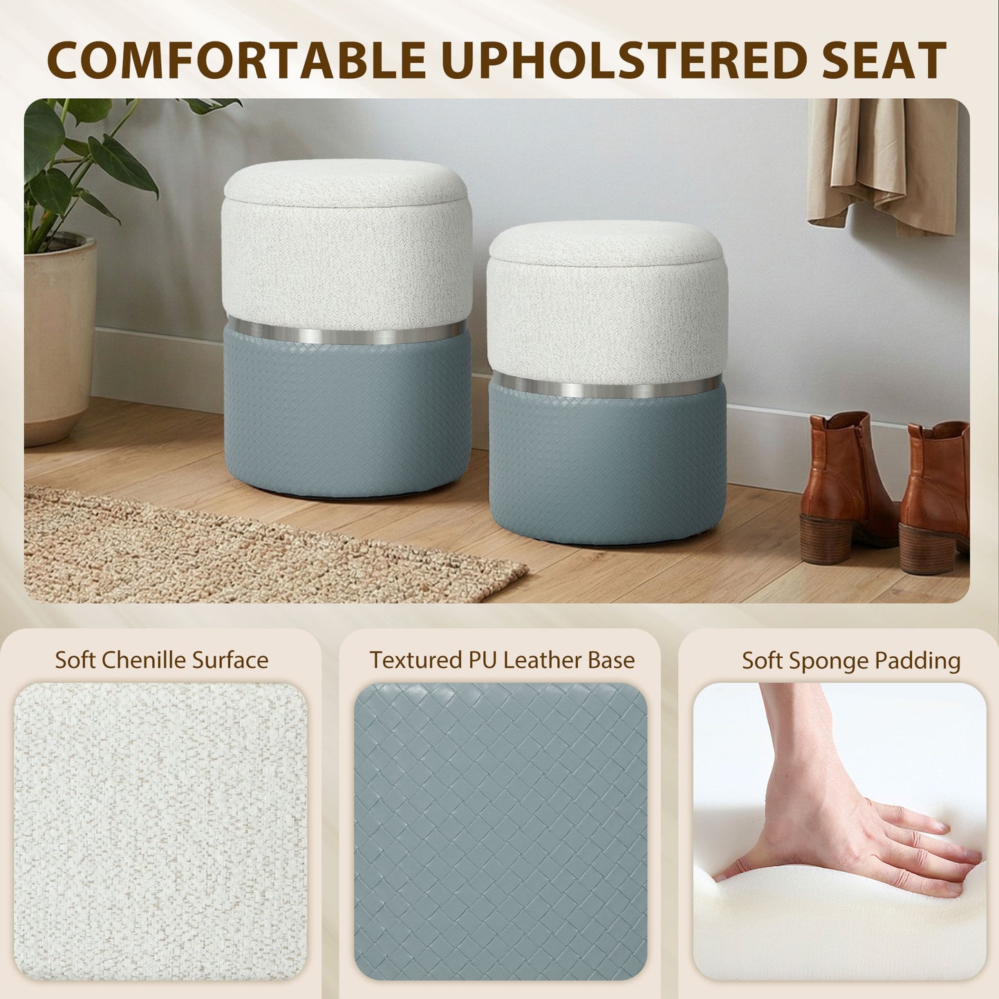Round Storage Ottoman Set of 2, Nesting Footrest Stool, Cream & Grey