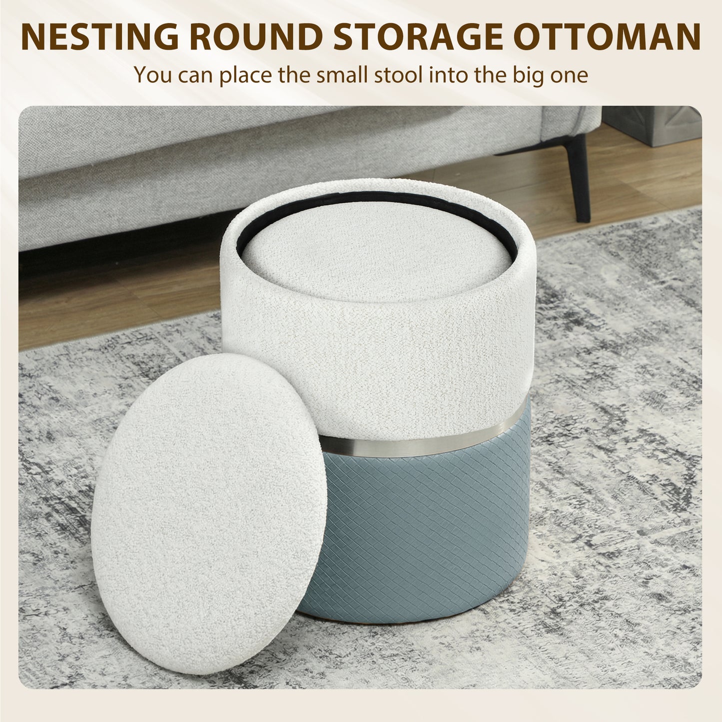 Round Storage Ottoman Set of 2, Nesting Footrest Stool, Cream & Grey