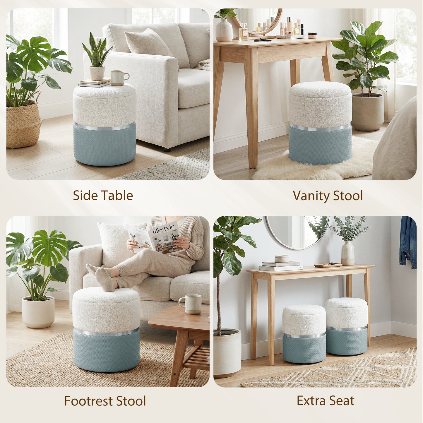 Round Storage Ottoman Set of 2, Nesting Footrest Stool, Cream & Grey