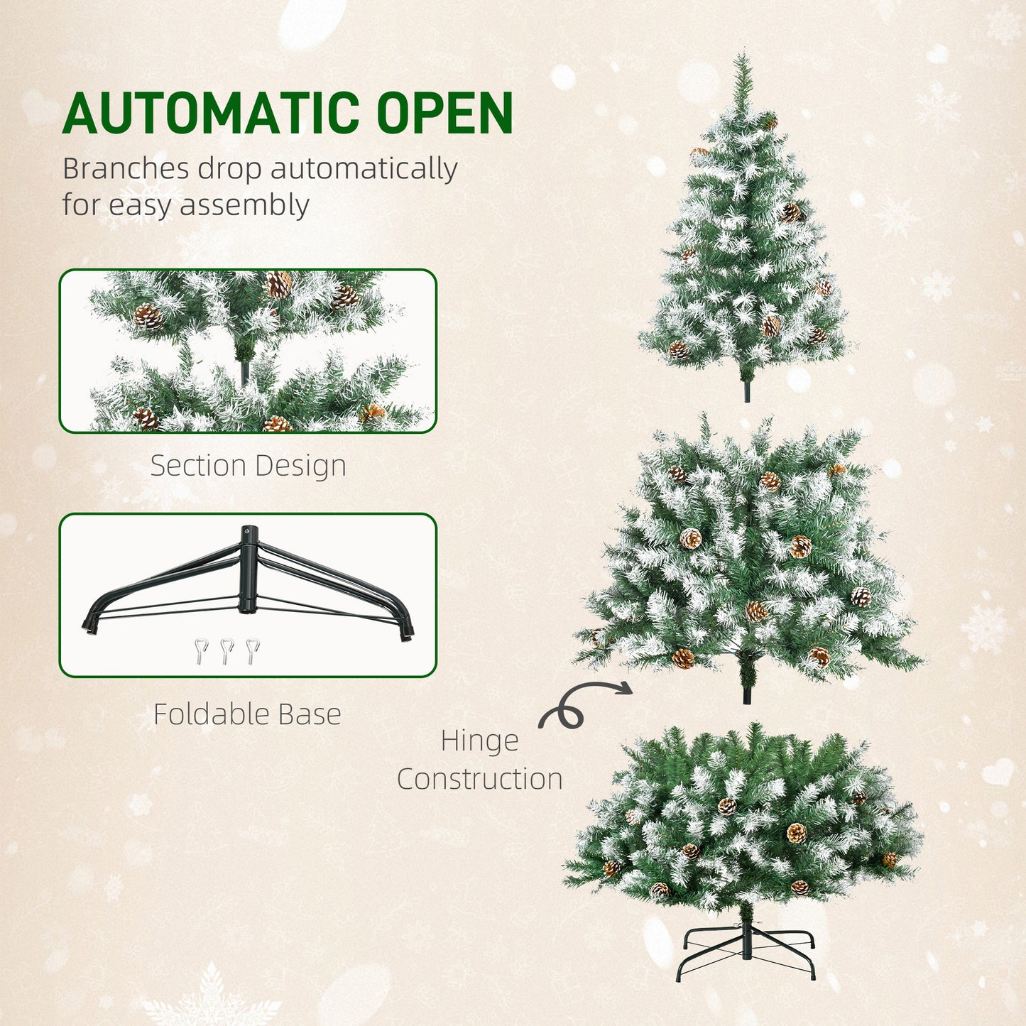 6FT Artificial Christmas Tree – Green with Pine Cones, Auto-Open, Perfect for Xmas Home Décor