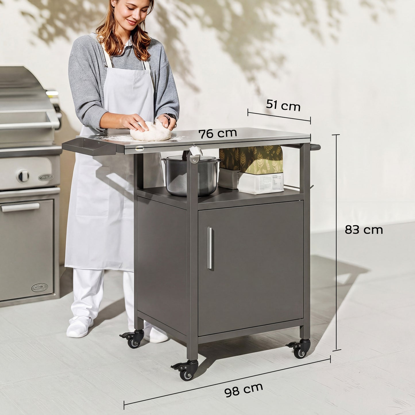 Outdoor Grill Cart with Cabinet, Food Prep Table on Wheels, Brown