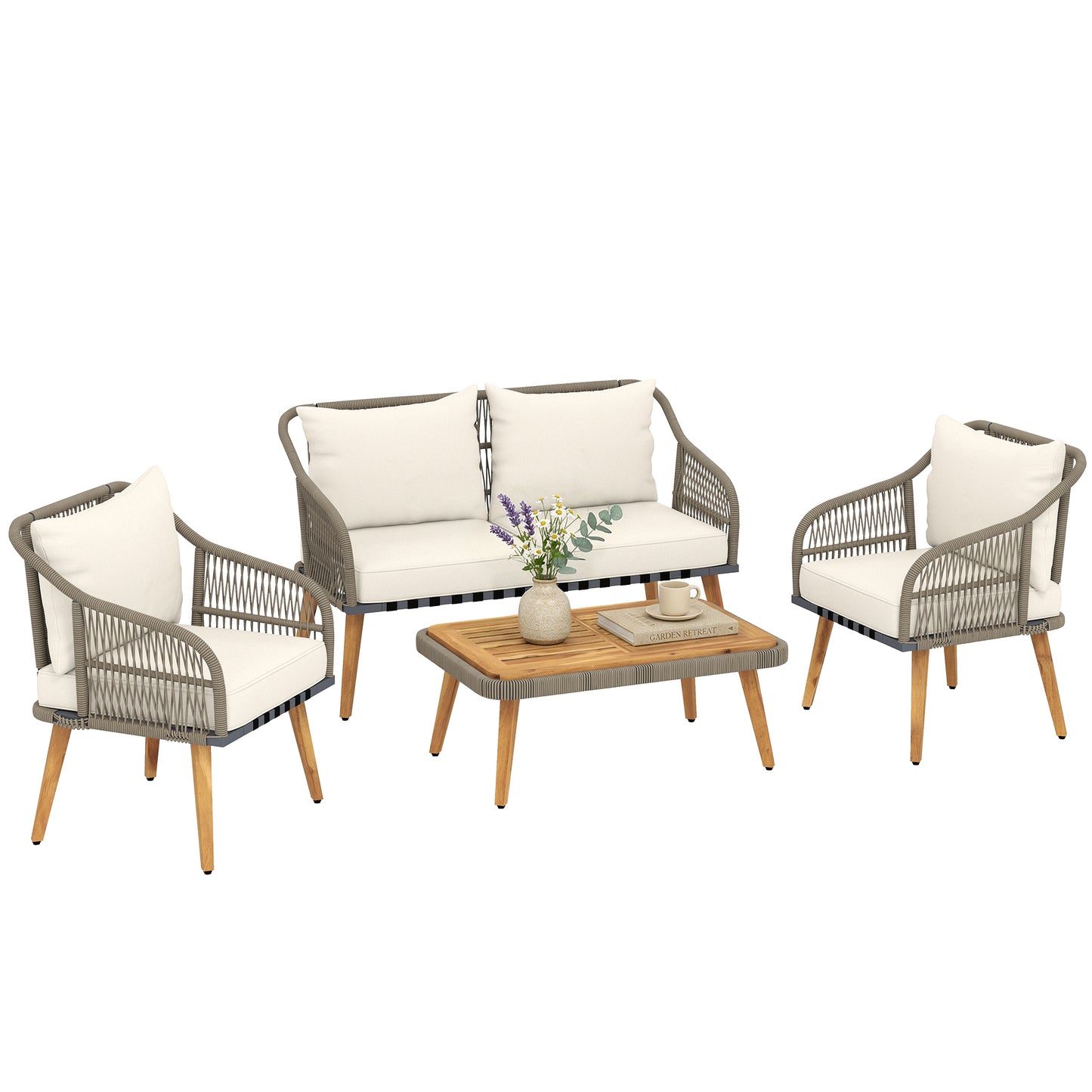 4 Piece Rattan Garden Furniture Set w/ Thick Cushions, Cream White