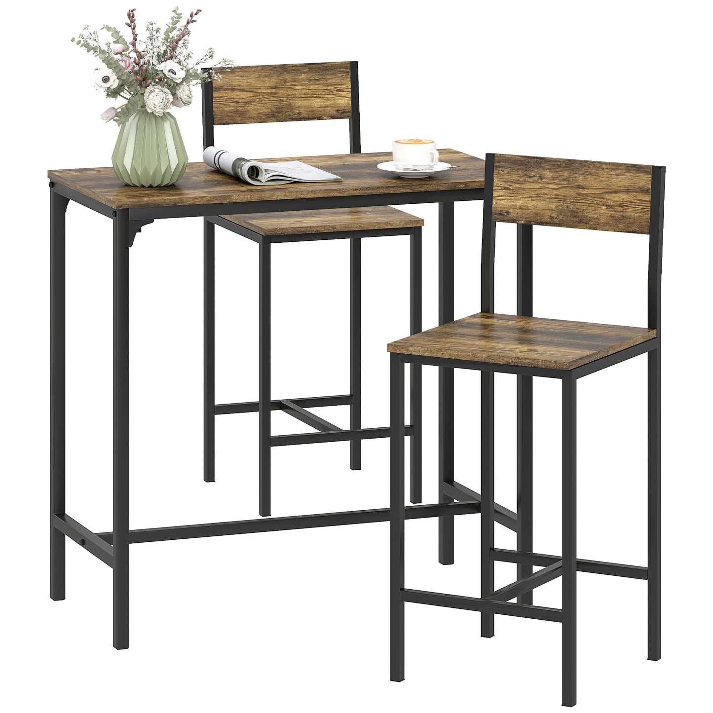 Bar Table and Stools Set, Kitchen Table and 2 Chairs with Backrest, Footrest