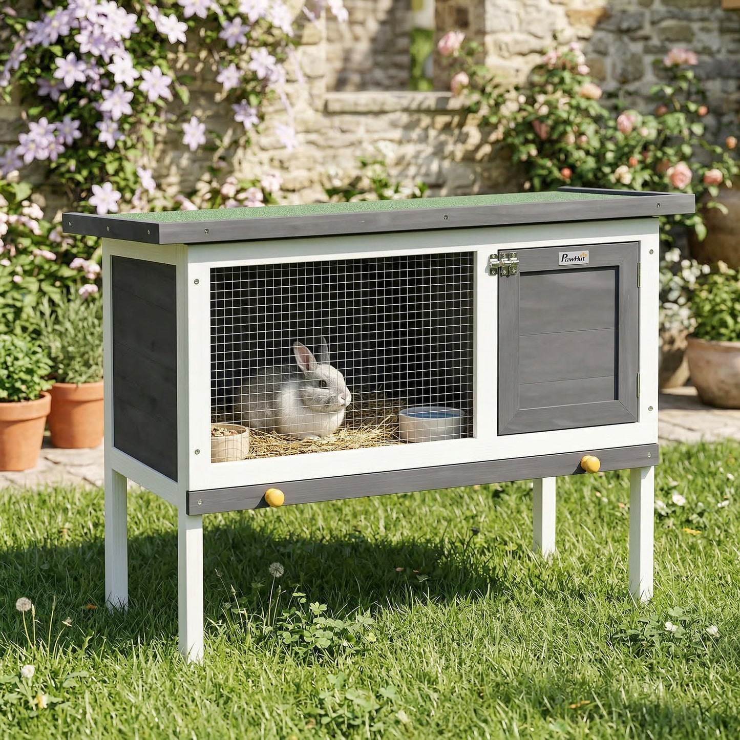 Rabbit Hutch, Guinea Pig Hutch Outdoor Cage w/ Asphalt Roof, Green