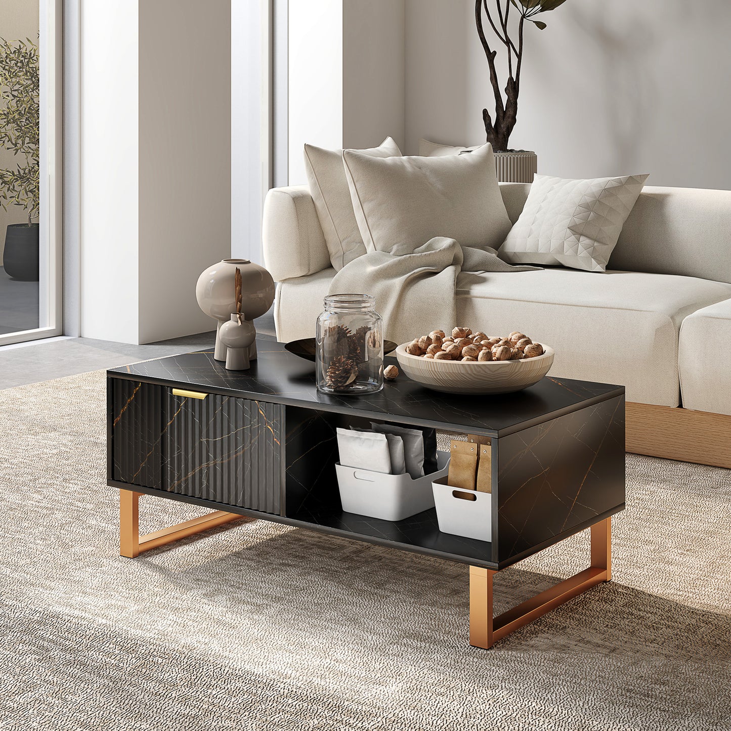 Coffee Table, Living Room Table with Drawer and Open Shelves, Black