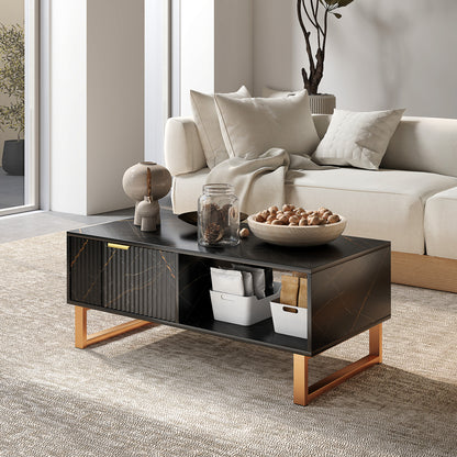 Coffee Table, Living Room Table with Drawer and Open Shelves, Black