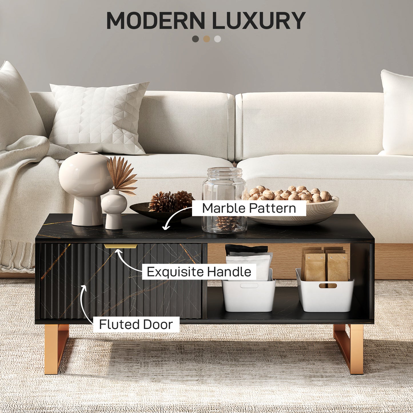 Coffee Table, Living Room Table with Drawer and Open Shelves, Black