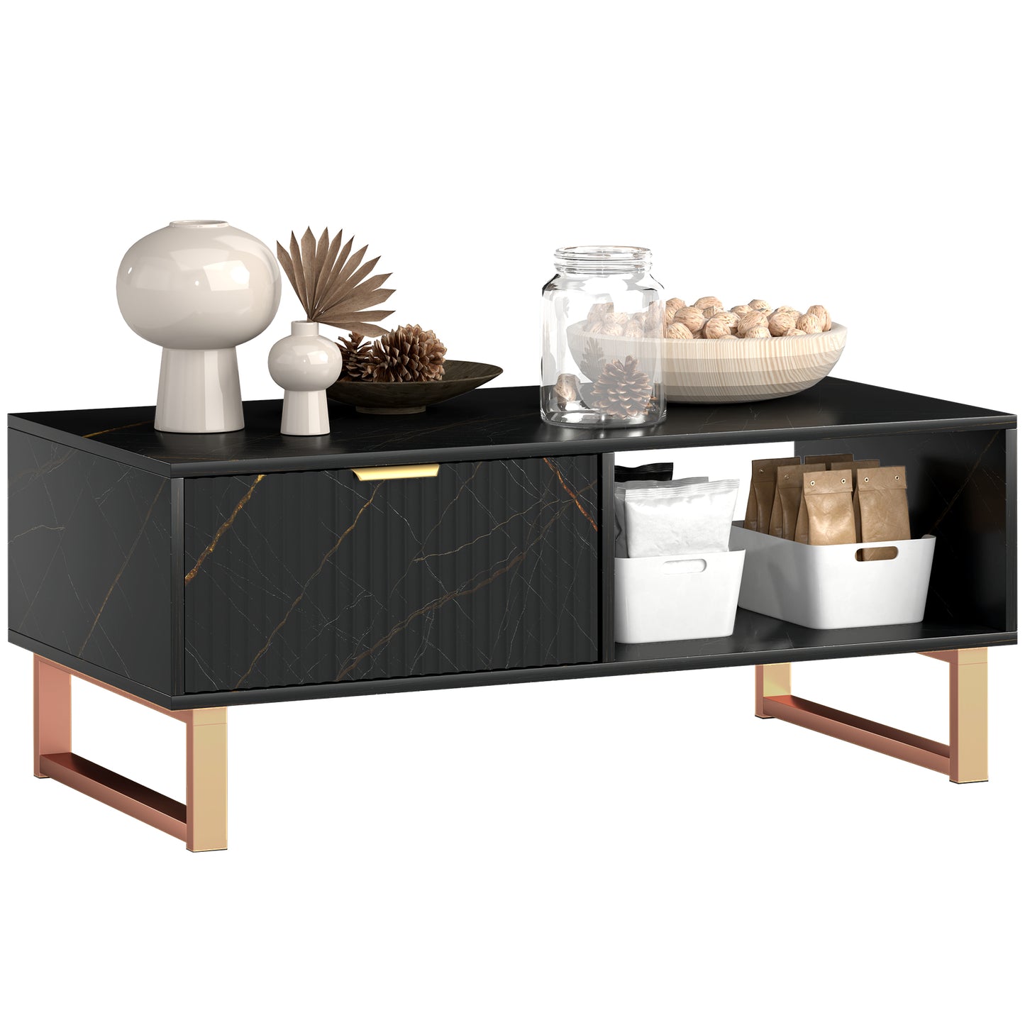 Coffee Table, Living Room Table with Drawer and Open Shelves, Black