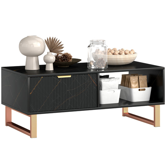 Coffee Table, Living Room Table with Drawer and Open Shelves, Black