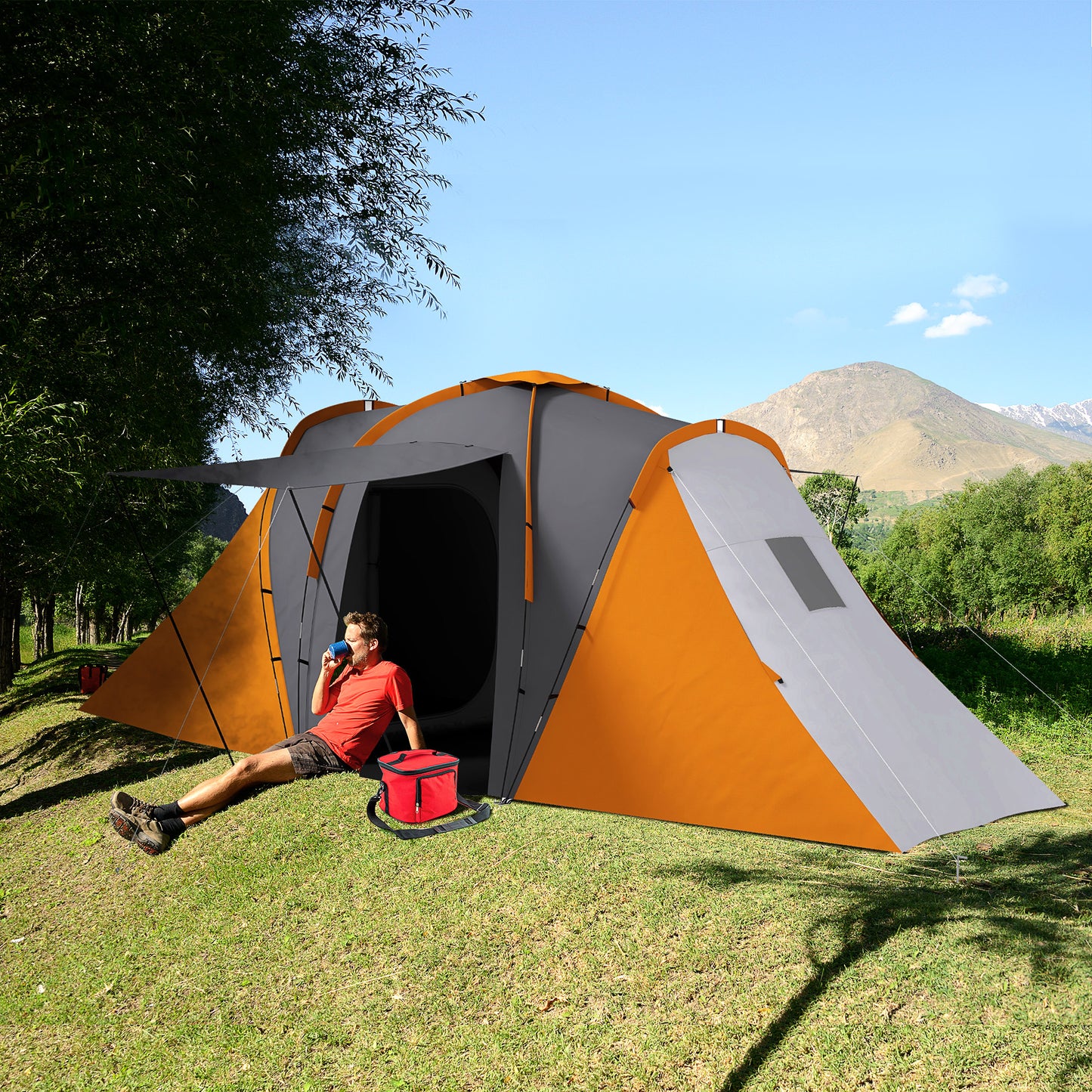 Large Camping Tent Tunnel Tent with 2 Bedroom and Living Area, 2000mm Waterproof, Portable with Bag for 4-6 Man, Orange