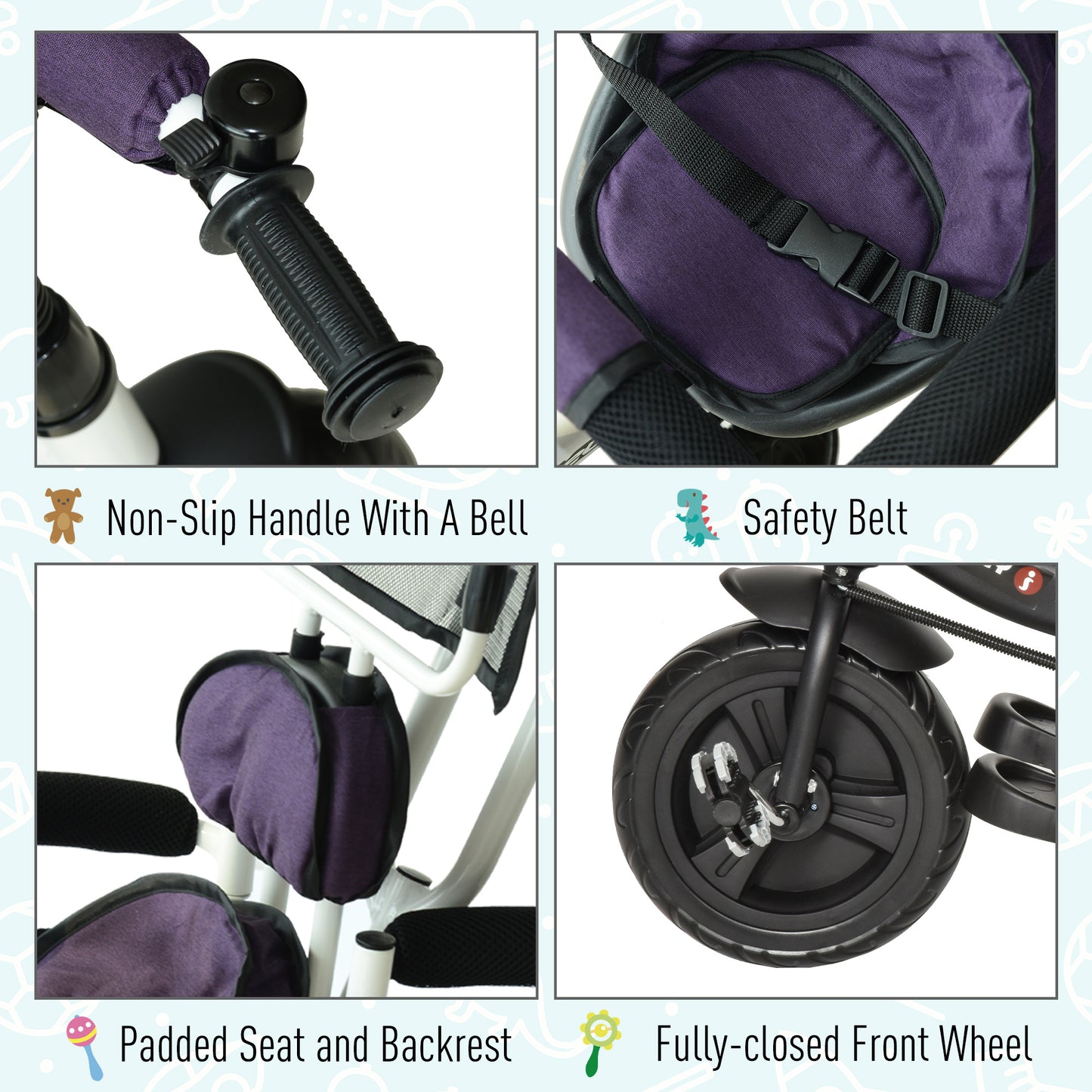 Baby Tricycle W/Handle-White/Purple