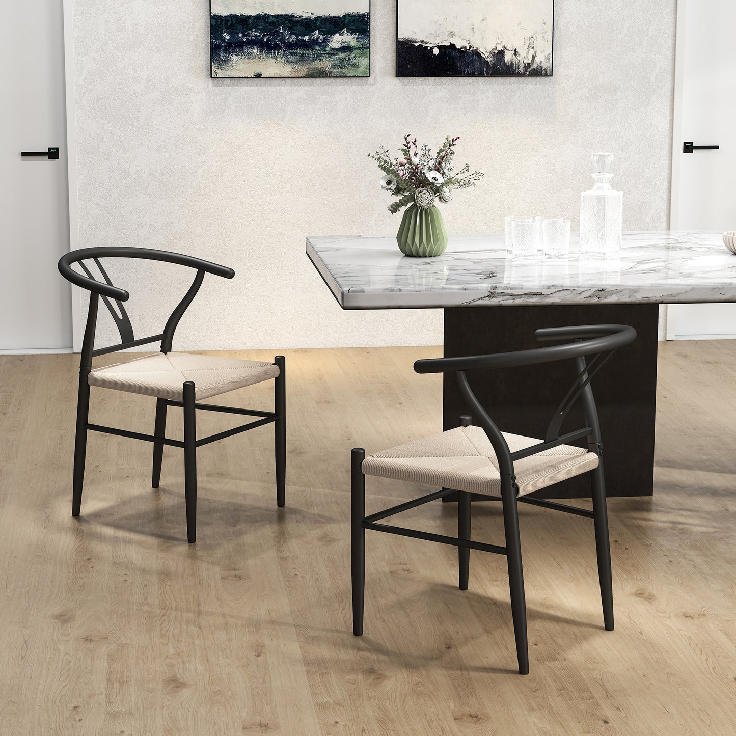 Weave Dining Chairs Set of 2 with Y-Shaped Backrest Hemp Seat Black