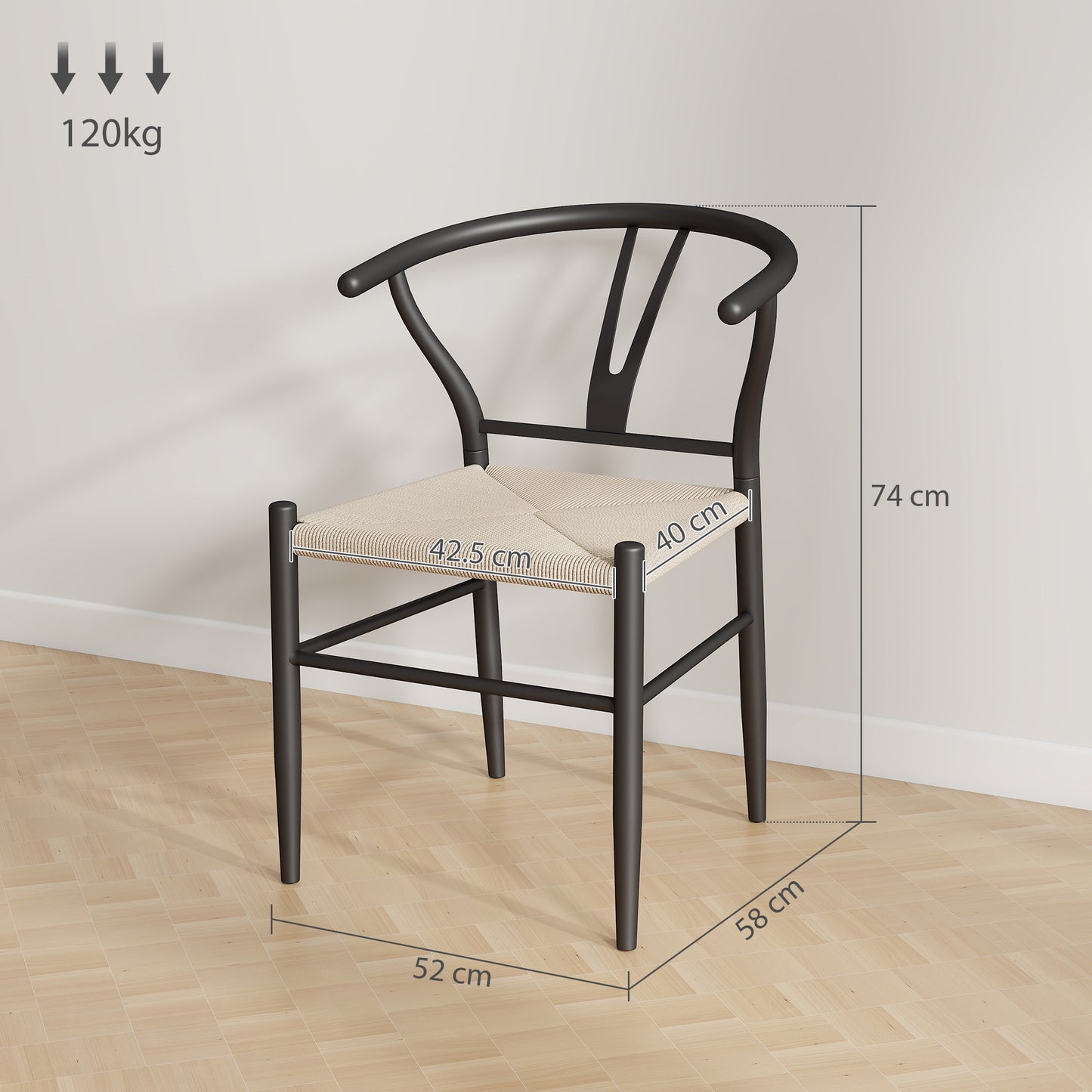 Weave Dining Chairs Set of 2 with Y-Shaped Backrest Hemp Seat Black