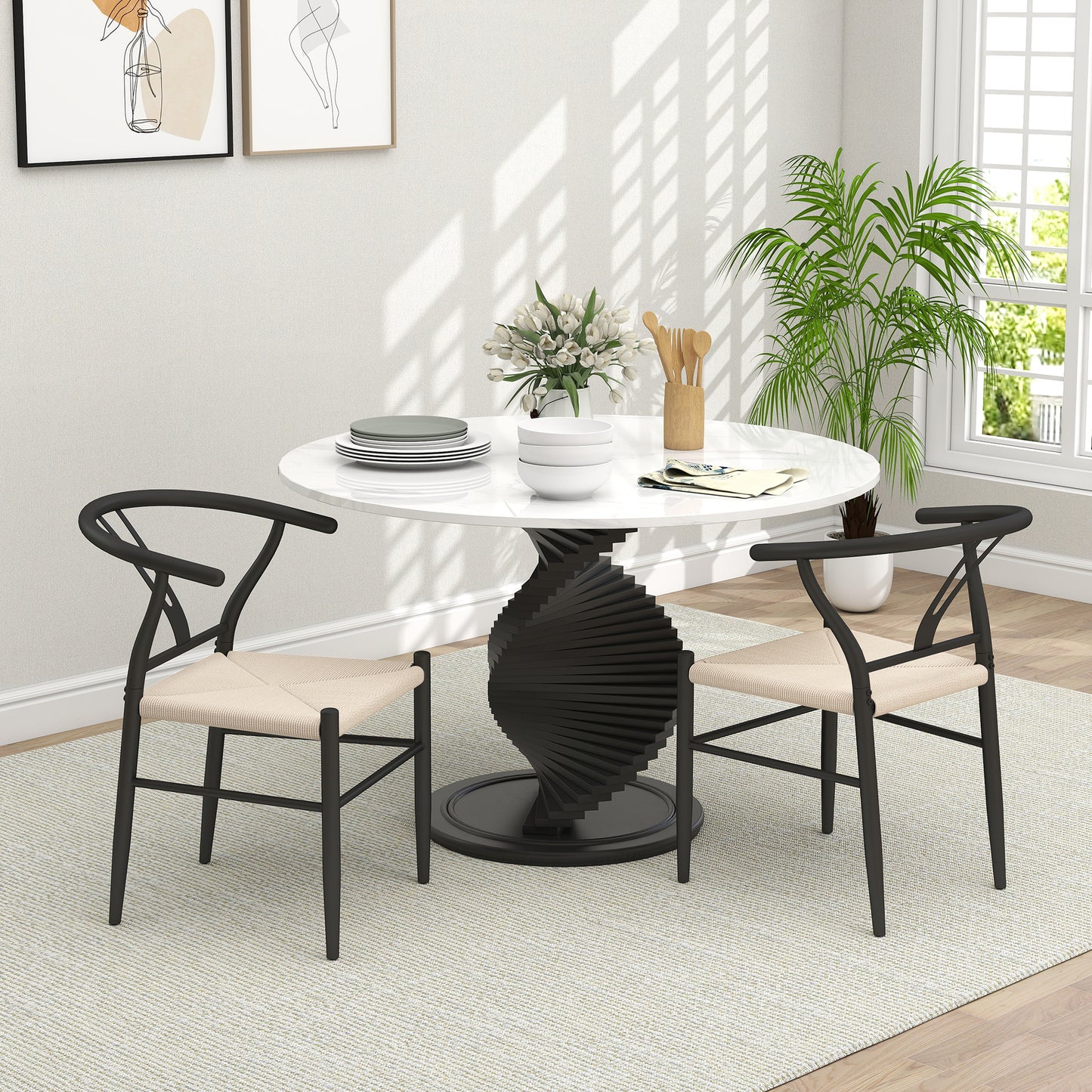 Weave Dining Chairs Set of 2 with Y-Shaped Backrest Hemp Seat Black