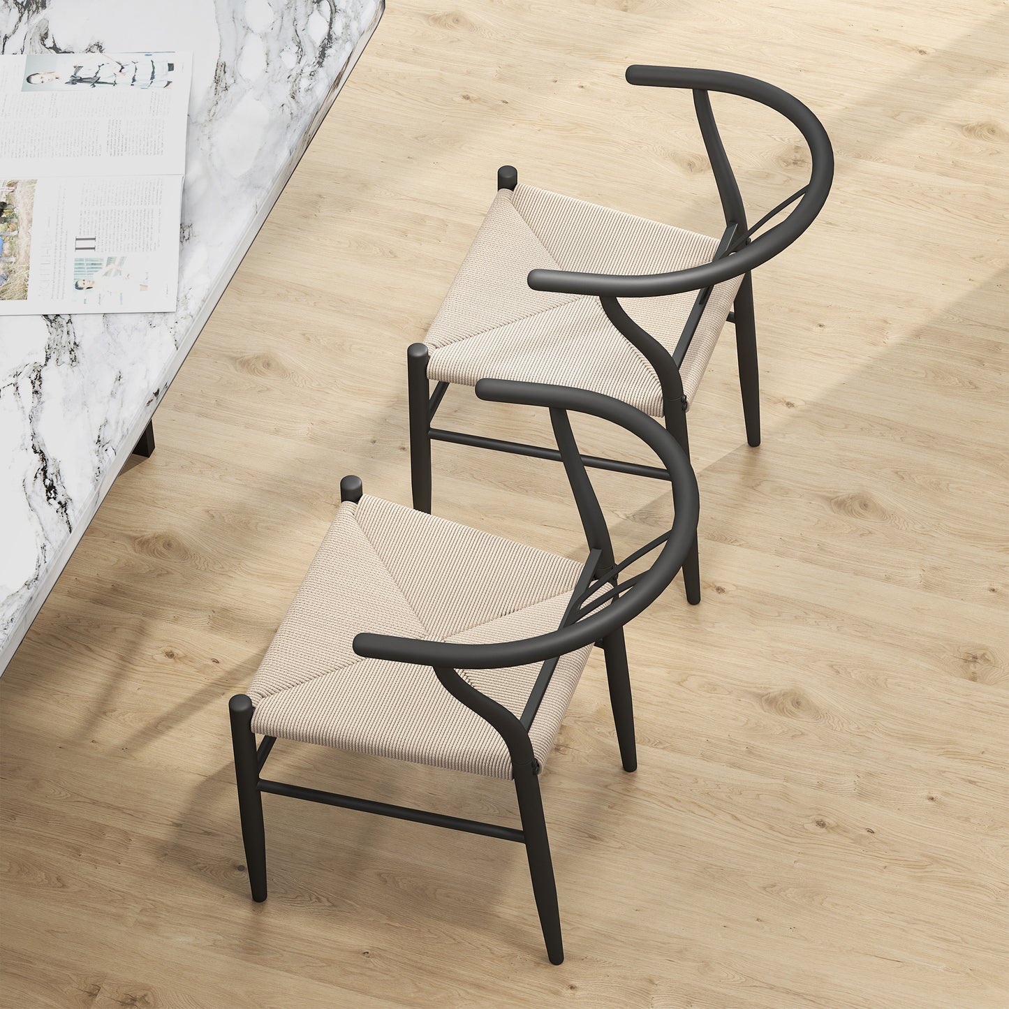Weave Dining Chairs Set of 2 with Y-Shaped Backrest Hemp Seat Black