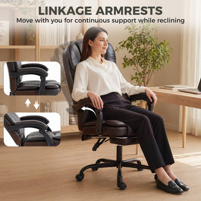 High-Back Executive Home Office Chair, PU Leather Computer Desk Chair with 360 Degree Swivel, Reclining Function, Retractable Footrest and Adjustable Height, Brown