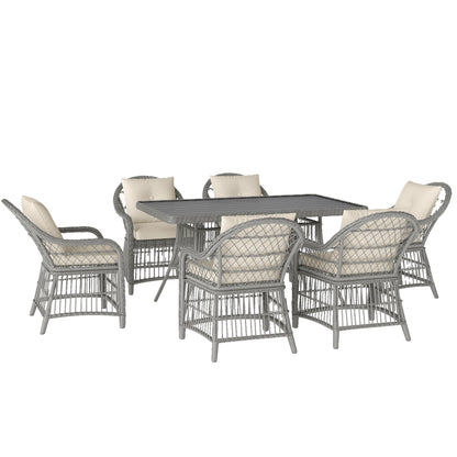 6 Seater Rattan Dining Set with Seat Back Cushions, Aluminium Frame