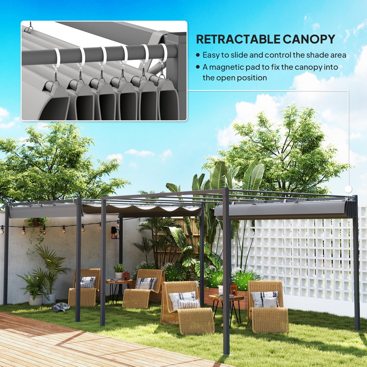 3 x 3(m) Garden Pergola with Retractable Roof, UPF30+, Grey