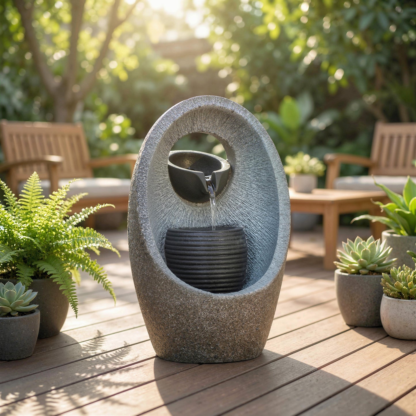 Water Feature with 2-Tier Bowls, Pump and LED Lights
