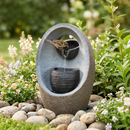 Water Feature with 2-Tier Bowls, Pump and LED Lights