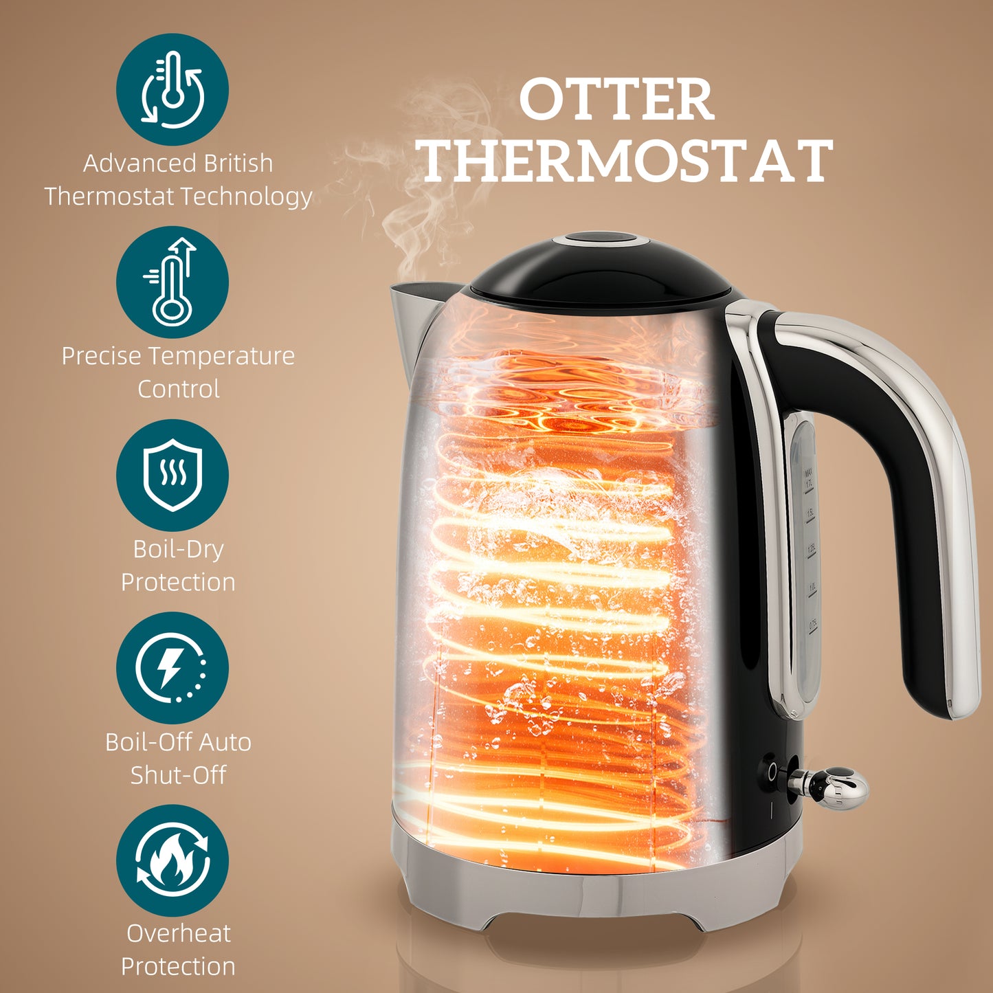 Kettle and Toaster Set with Temperature Gauge, Crumb Tray, Black