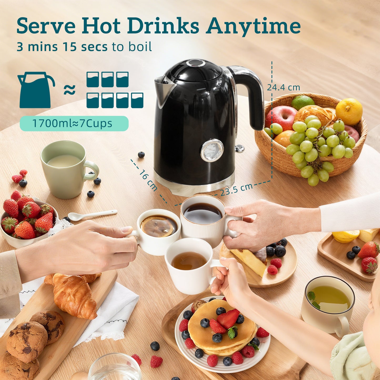 Kettle and Toaster Set with Temperature Gauge, Crumb Tray, Black