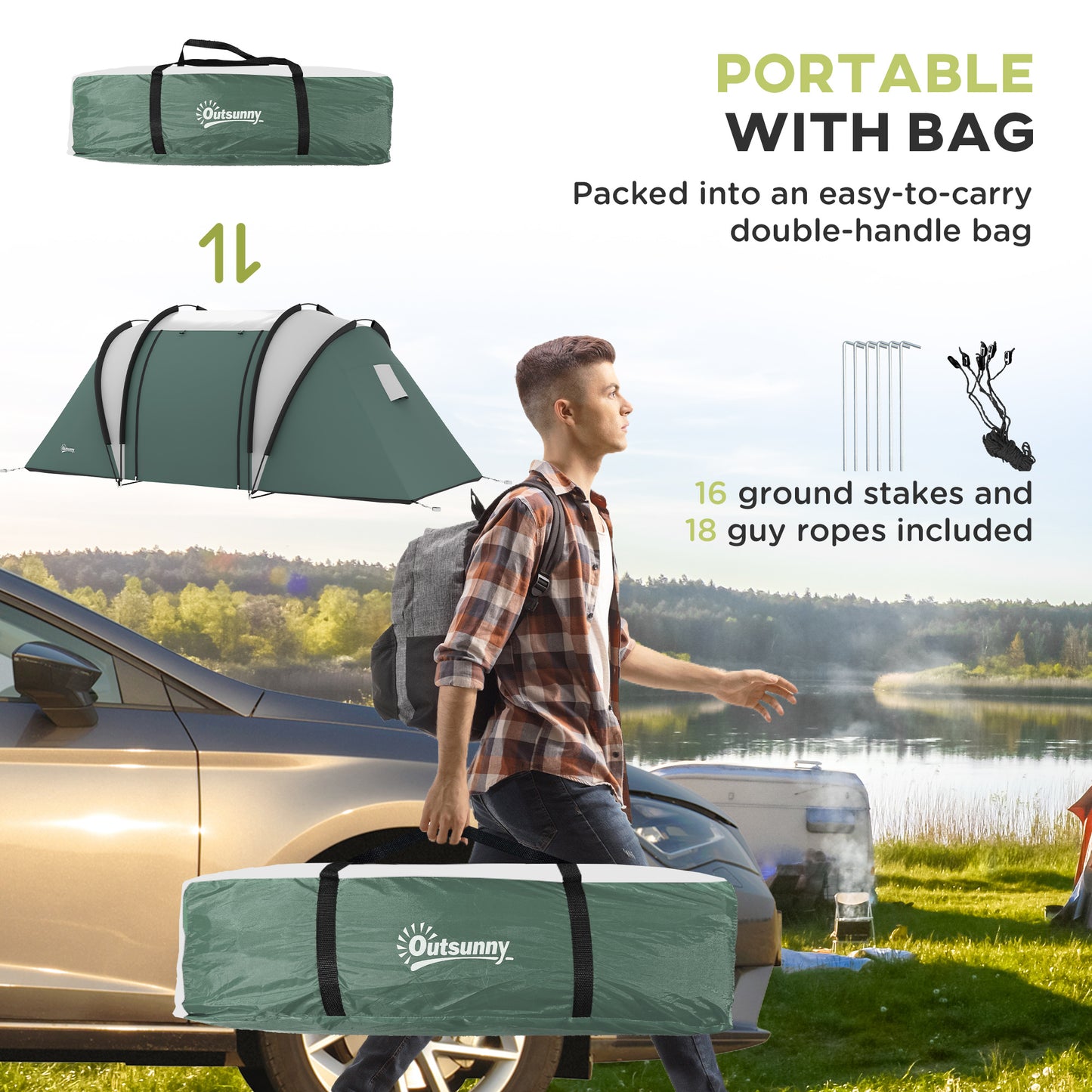 Camping Tent with 2 Bedrooms and Living Area, 3000mm Waterproof Family Tent, for Fishing Hiking Festival, Green